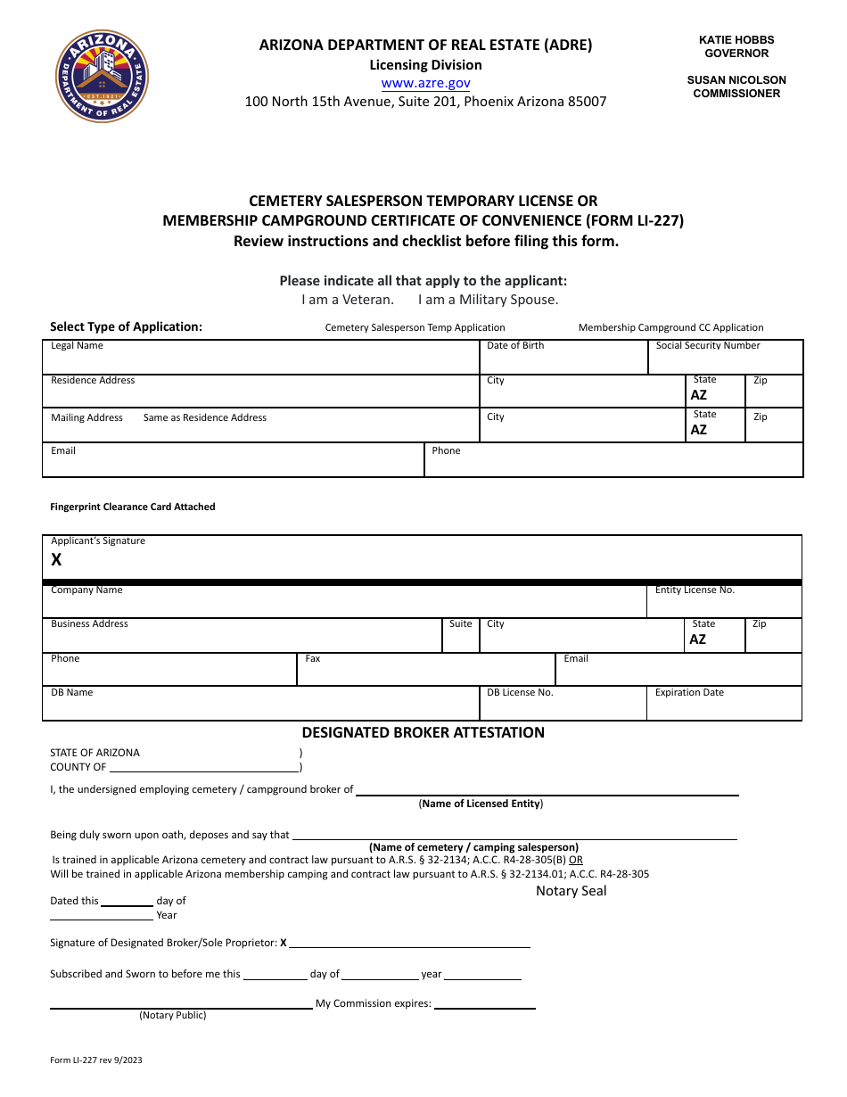 Form LI-227 Cemetery Salesperson Temporary License or Membership Campground Certificate of Convenience - Arizona, Page 2