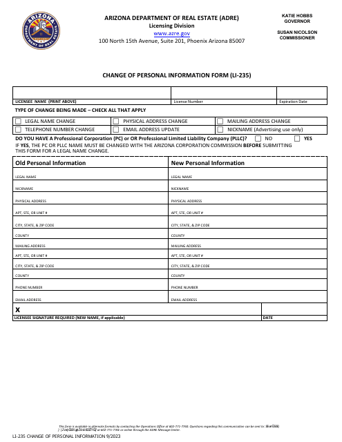 Form LI-235 Change of Personal Information Form - Arizona