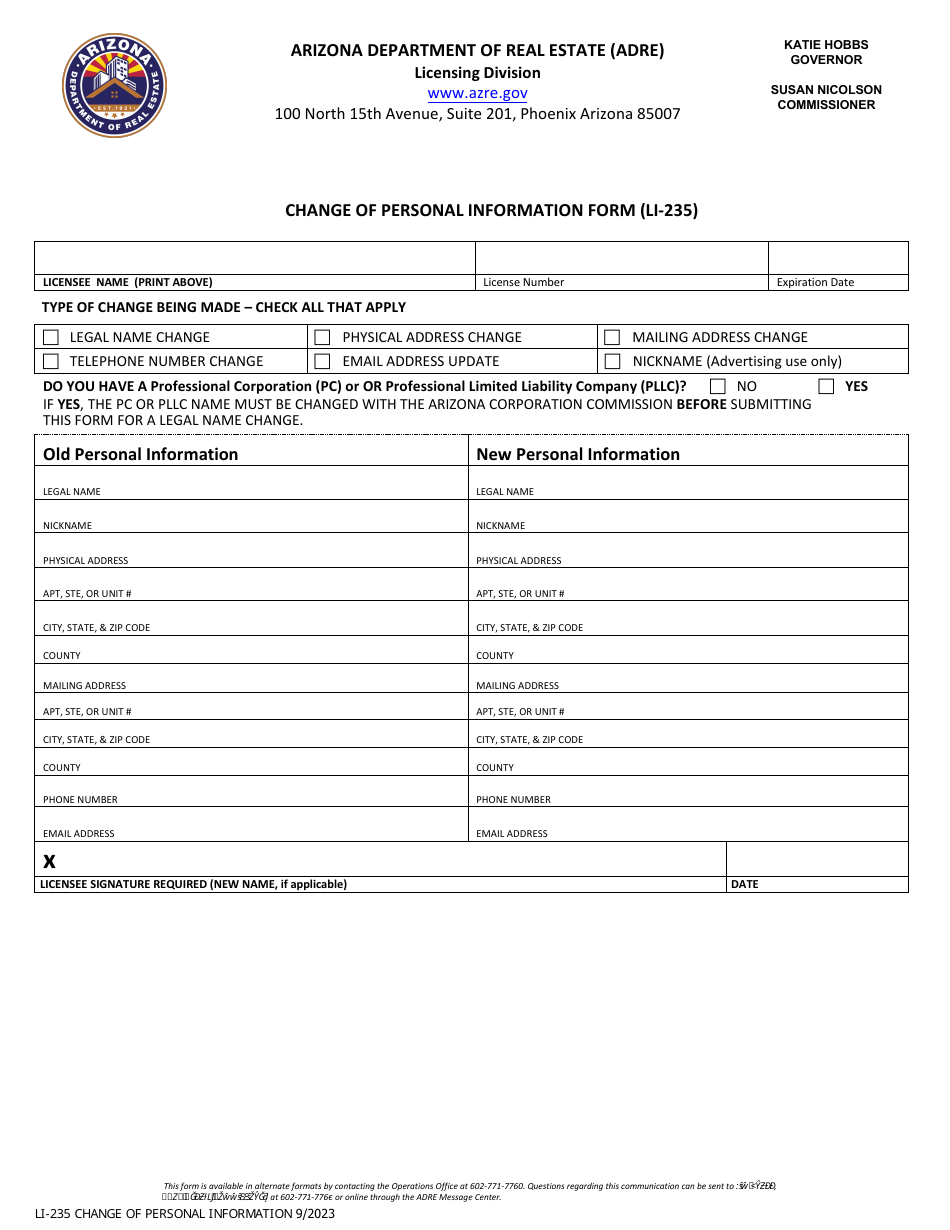 Form LI-235 Change of Personal Information Form - Arizona, Page 1