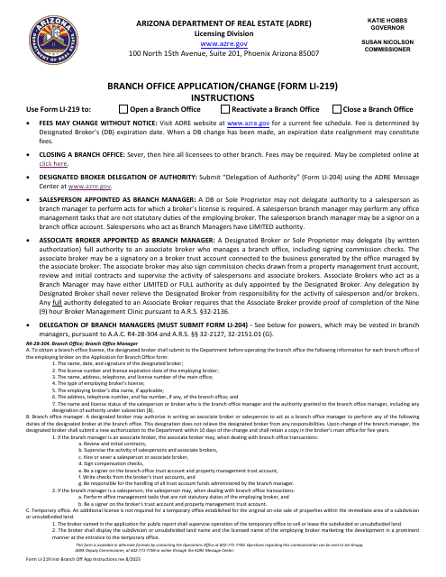 Instructions for Form LI-219 Branch Office Application/Change - Arizona