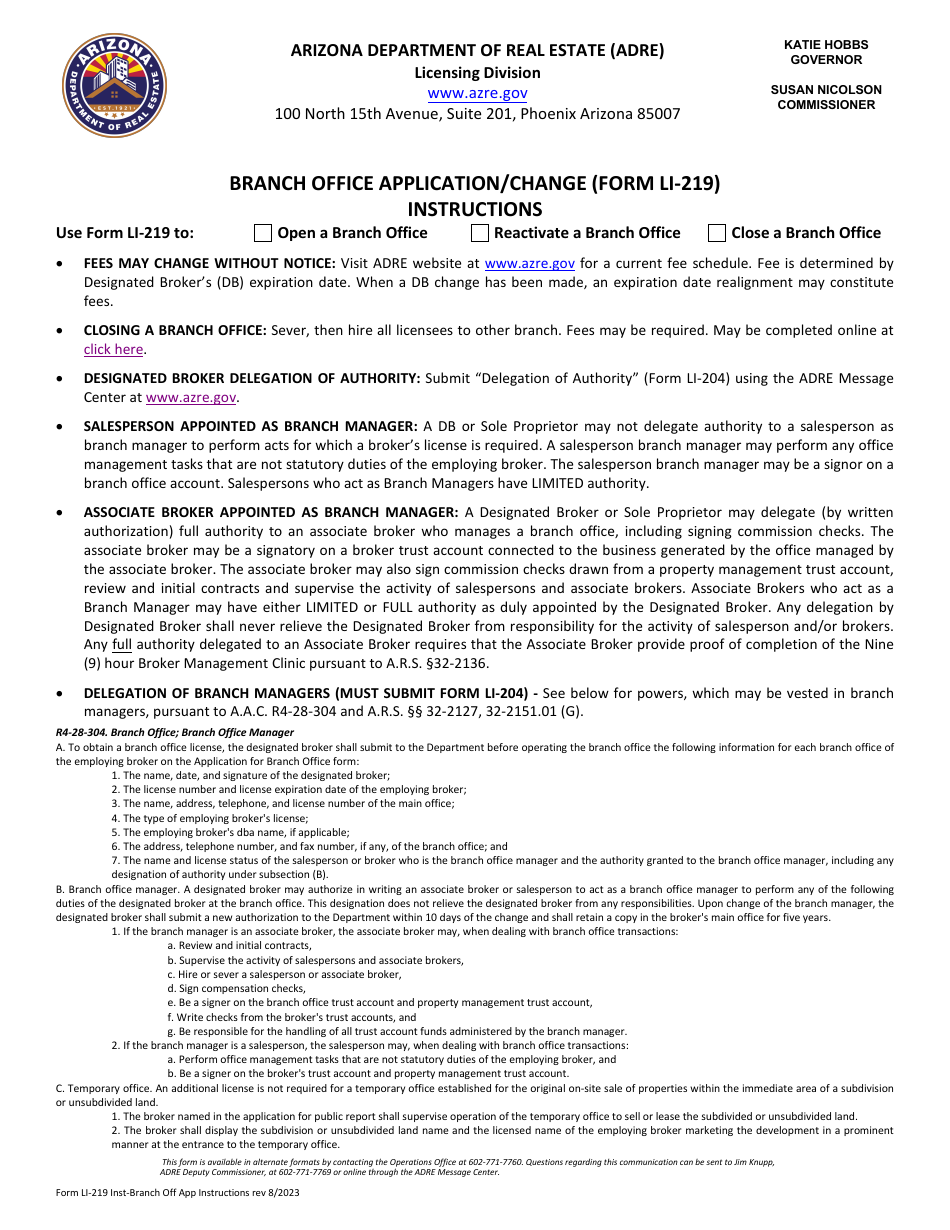 Instructions for Form LI-219 Branch Office Application / Change - Arizona, Page 1