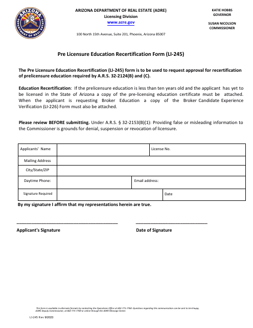 Form LI-245 Pre Licensure Education Recertification Form - Arizona