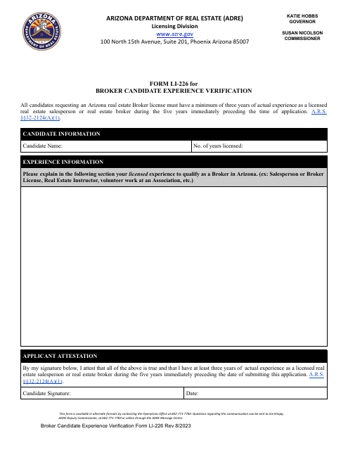 Form LI-226 Broker Candidate Experience Verification - Arizona