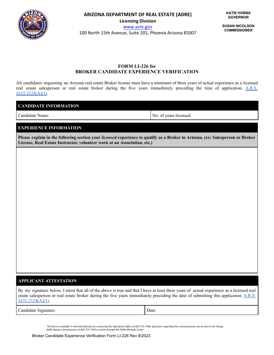 Form LI-226 Broker Candidate Experience Verification - Arizona, Page 1