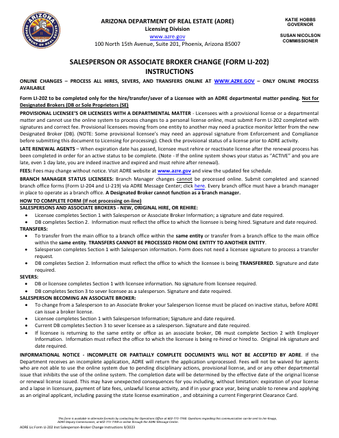 Instructions for Form LI-202 Salesperson/Associate Broker Change - Arizona