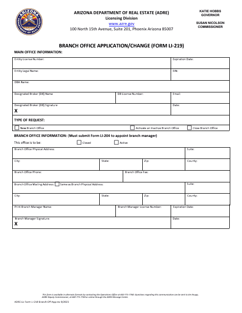 Form LI-219 Branch Office Application/Change - Arizona