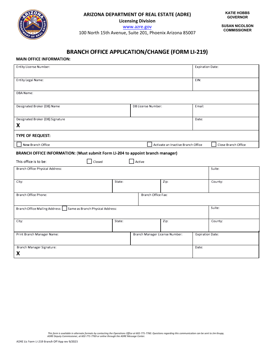 Form LI-219 Branch Office Application / Change - Arizona, Page 1