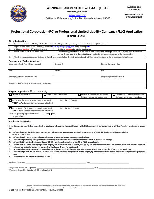 Form LI-231 Professional Corporation (Pc) or Professional Limited Liability Company (Pllc) Application - Arizona