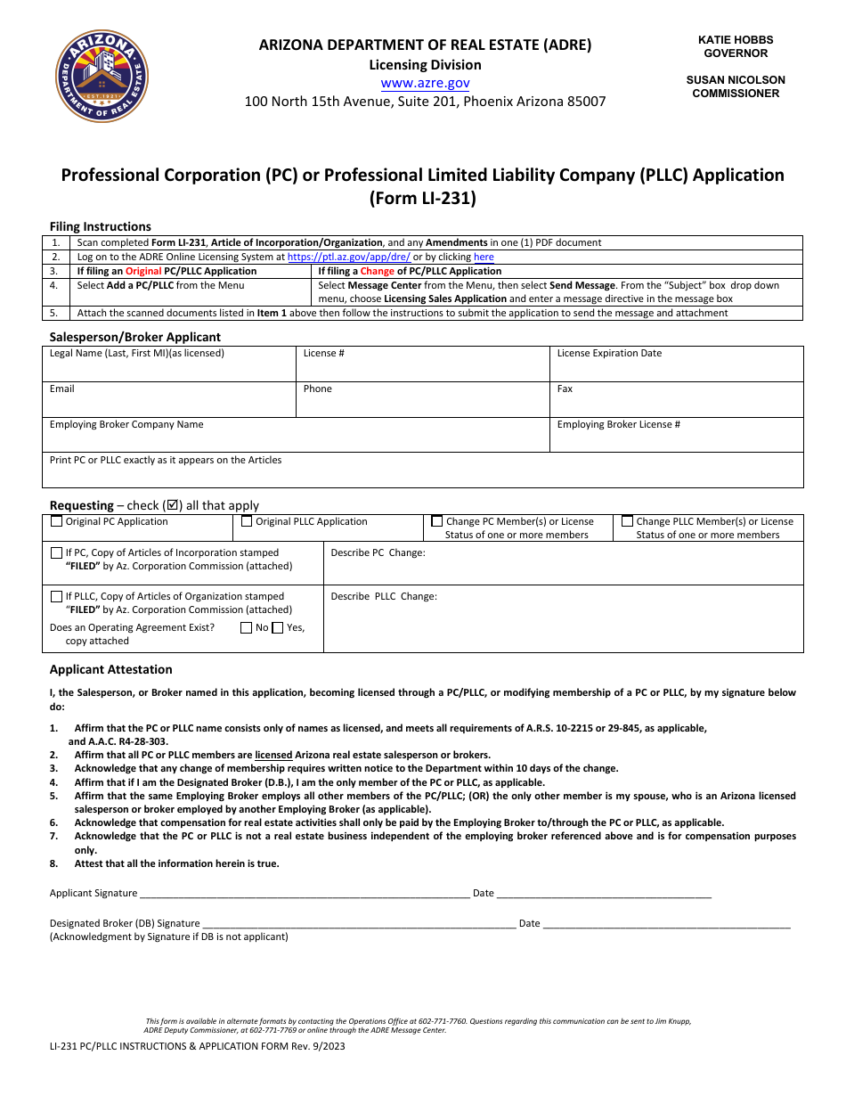Form LI-231 Professional Corporation (Pc) or Professional Limited Liability Company (Pllc) Application - Arizona, Page 1