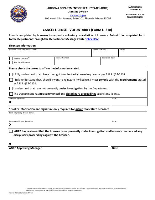 Form LI-218 Cancel License - Voluntarily - Arizona