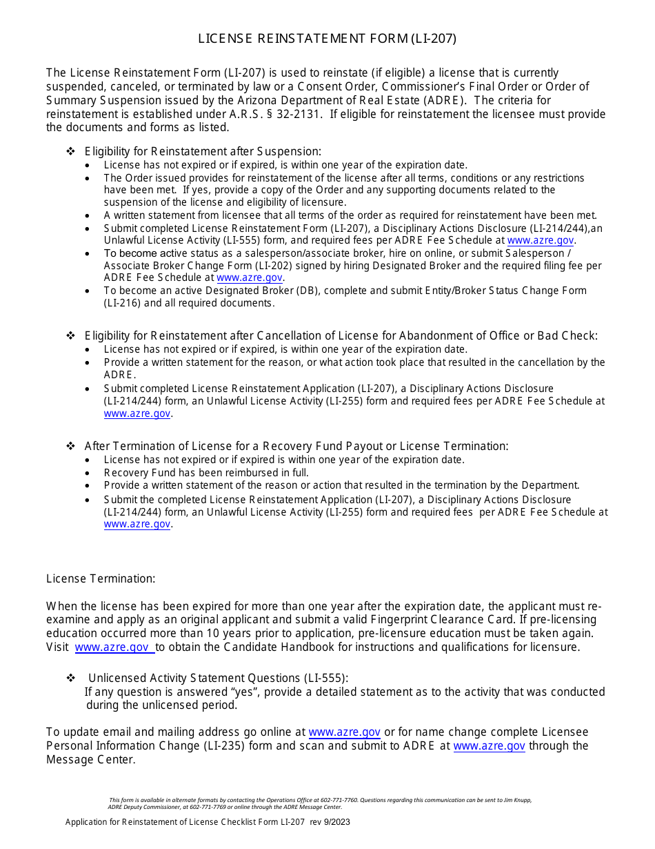 Form LI-207 Application for Reinstatement of License Form - Arizona, Page 1
