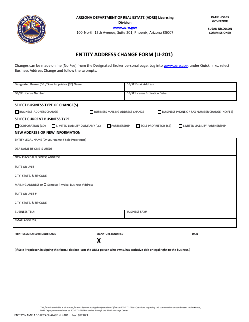 Form LI-201 Entity Address Change Form - Arizona