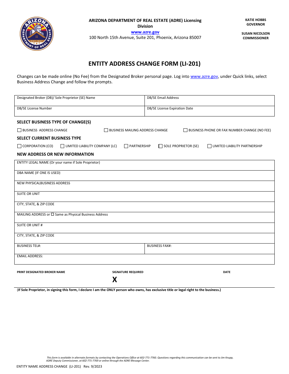 Form LI-201 Entity Address Change Form - Arizona, Page 1