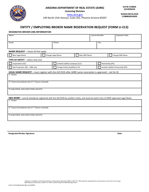 Form LI-213 Entity/Employing Broker Name Reservation Request - Arizona