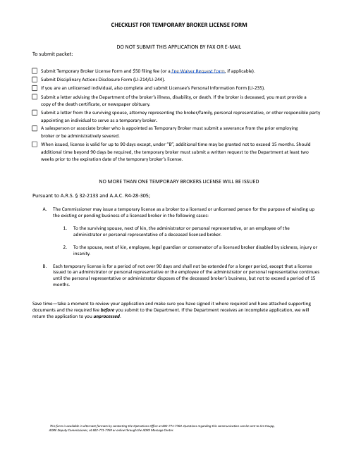 Form LI-240 Checklist for Temporary Broker License Form - Arizona