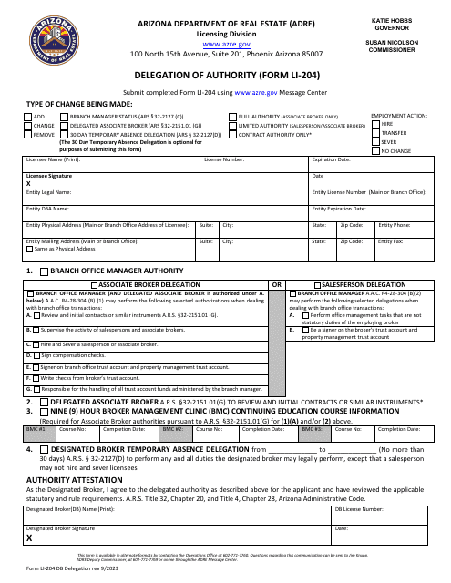 Form LI-204 Delegation of Authority - Arizona