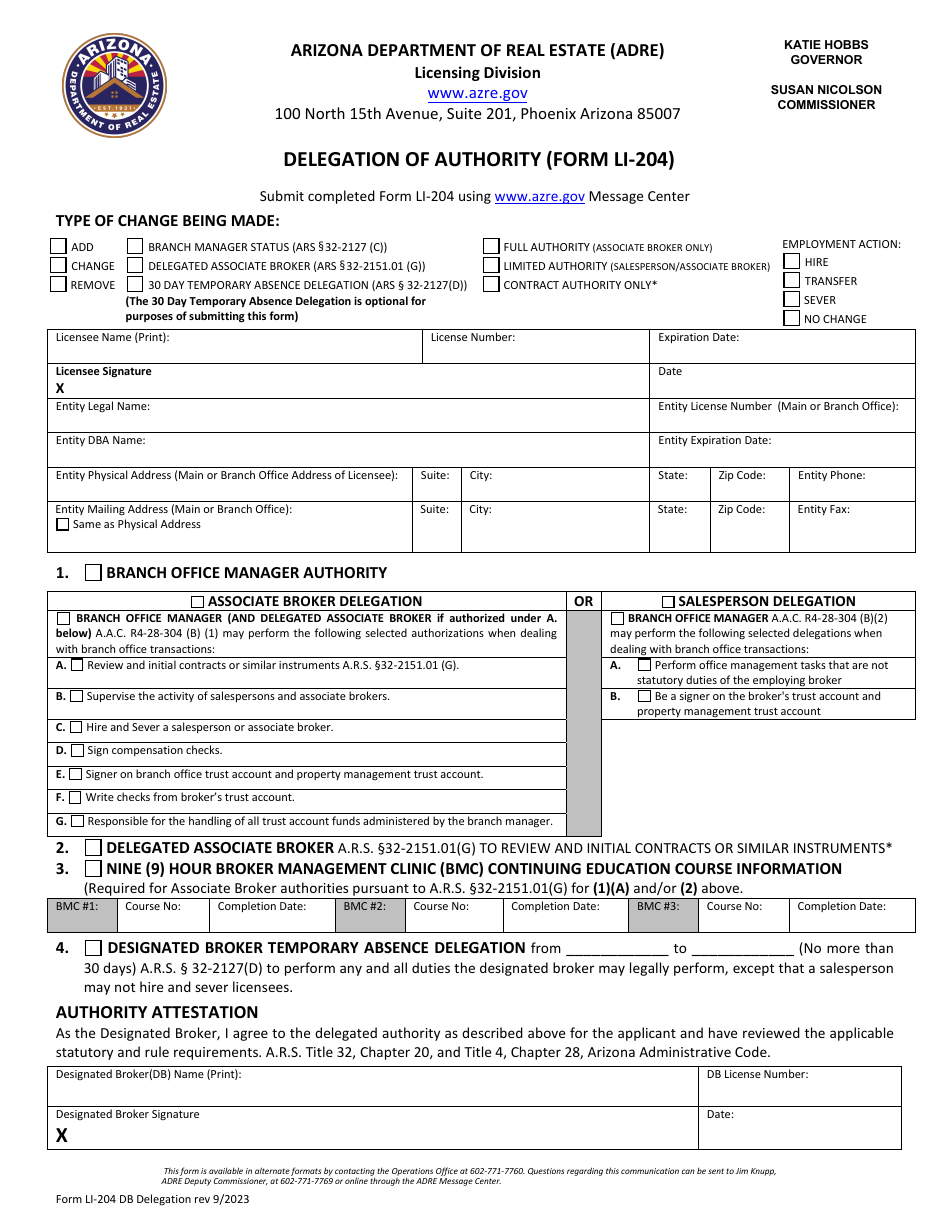 Form Li 204 Download Fillable Pdf Or Fill Online Delegation Of Authority Arizona 2013 — 2024 9734