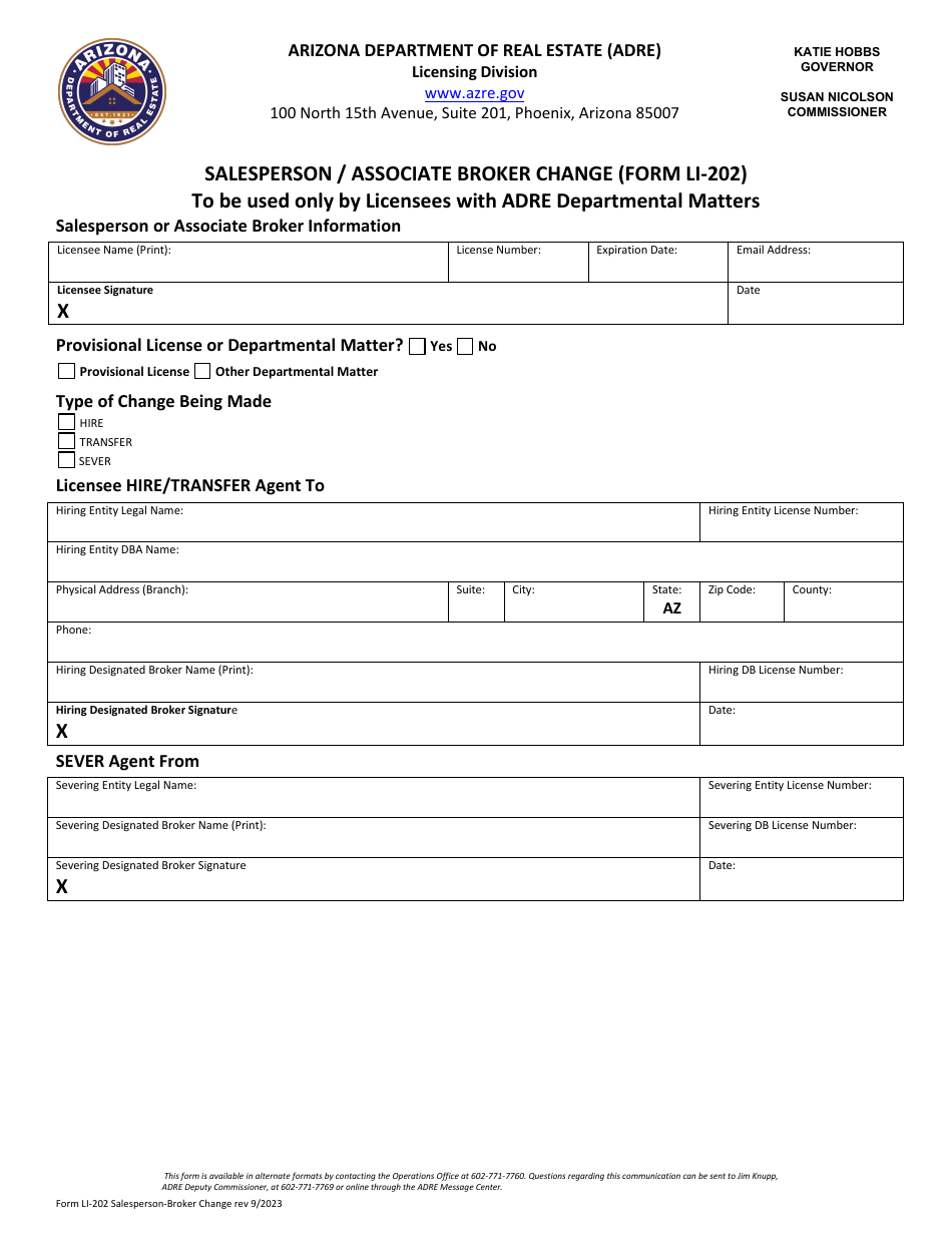 Form LI-202 Salesperson / Associate Broker Change - Arizona, Page 1