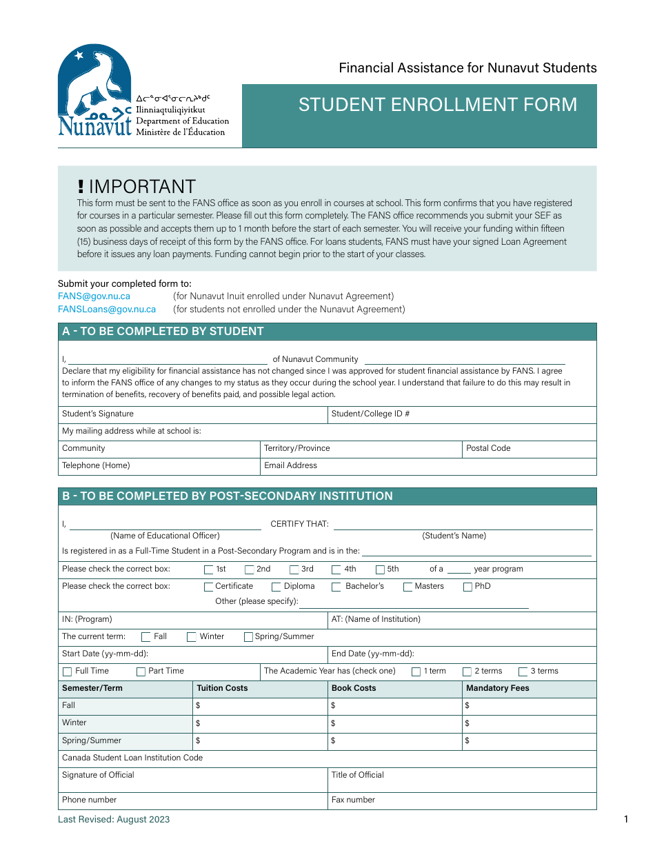 Student Enrollment Form - Nunavut, Canada, Page 1