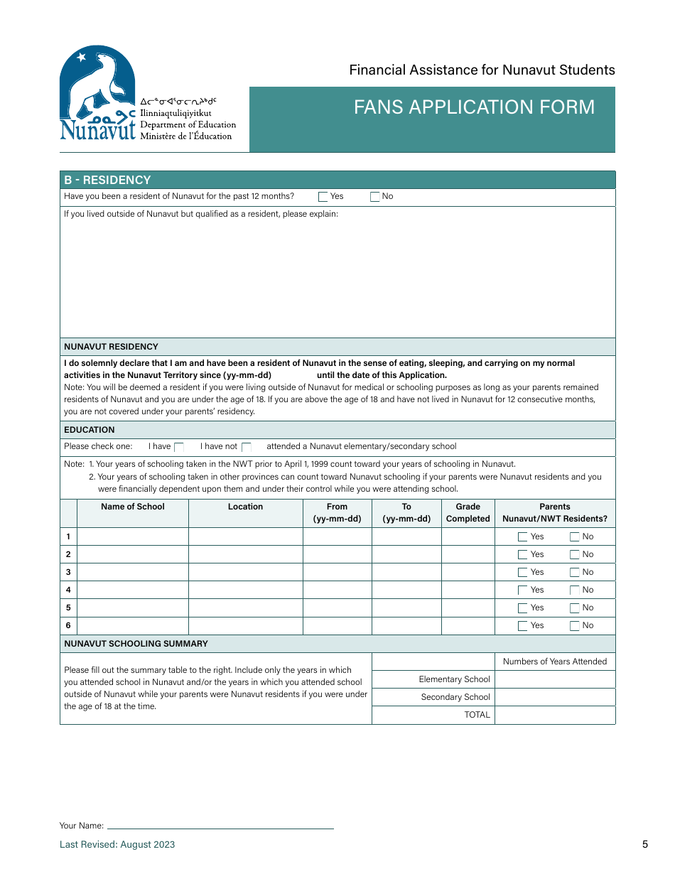 Fans Application Form - Nunavut, Canada, Page 5