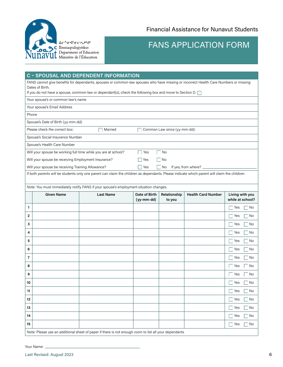 Fans Application Form - Nunavut, Canada, Page 6