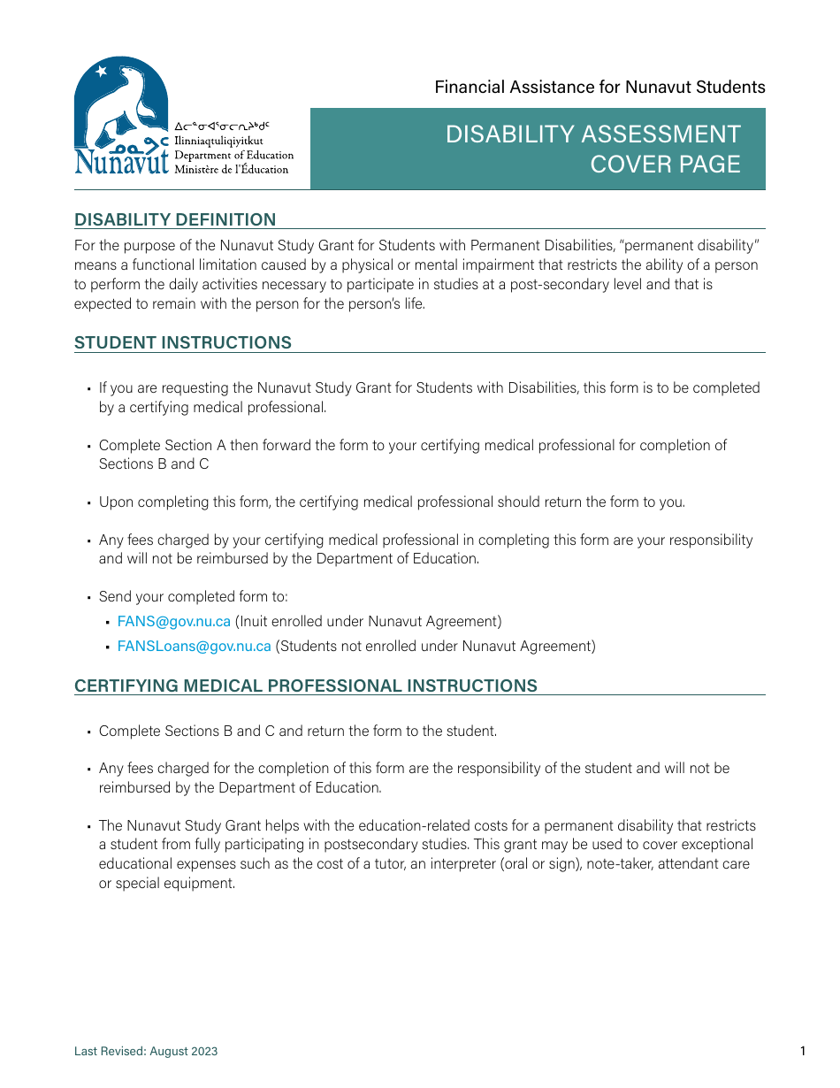 Disability Assessment Form - Nunavut, Canada, Page 1