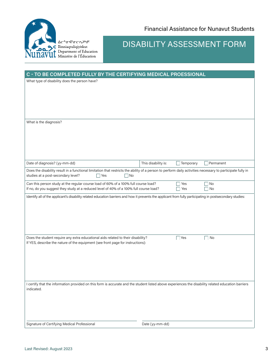 Disability Assessment Form - Nunavut, Canada, Page 3