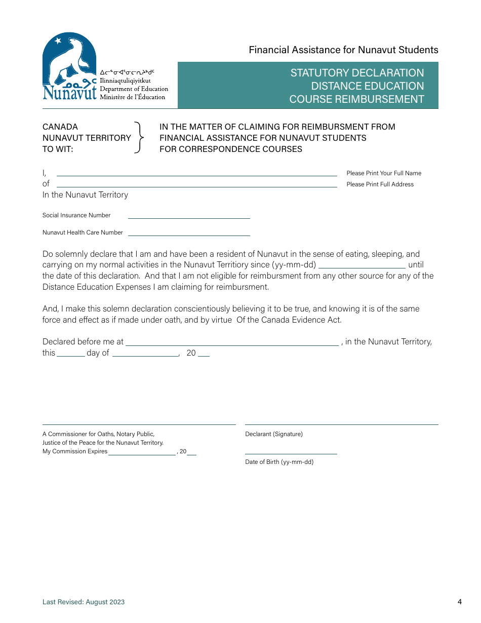 Distance Education Course Reimbursement Application Form - Nunavut, Canada, Page 4