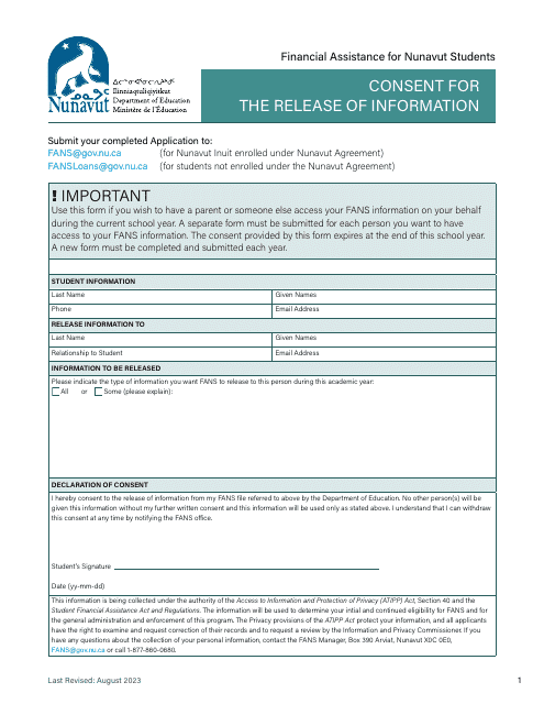 Consent for the Release of Information - Nunavut, Canada Download Pdf