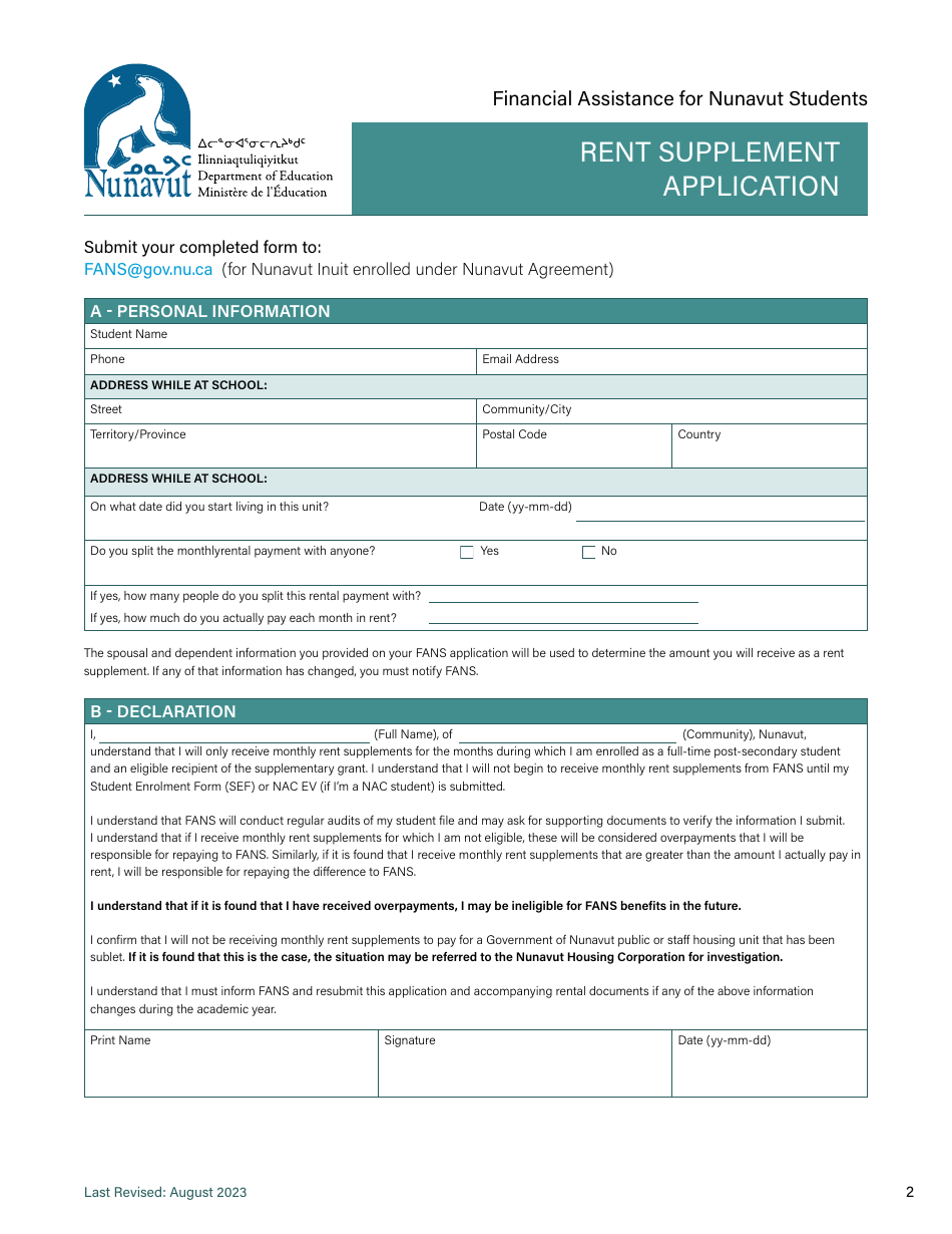 Rent Supplement Application - Nunavut, Canada, Page 2