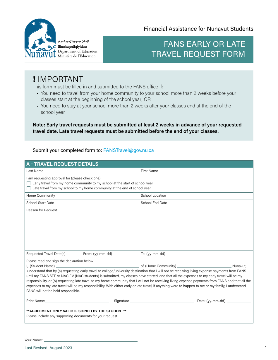 Fans Early or Late Travel Request Form - Nunavut, Canada, Page 1