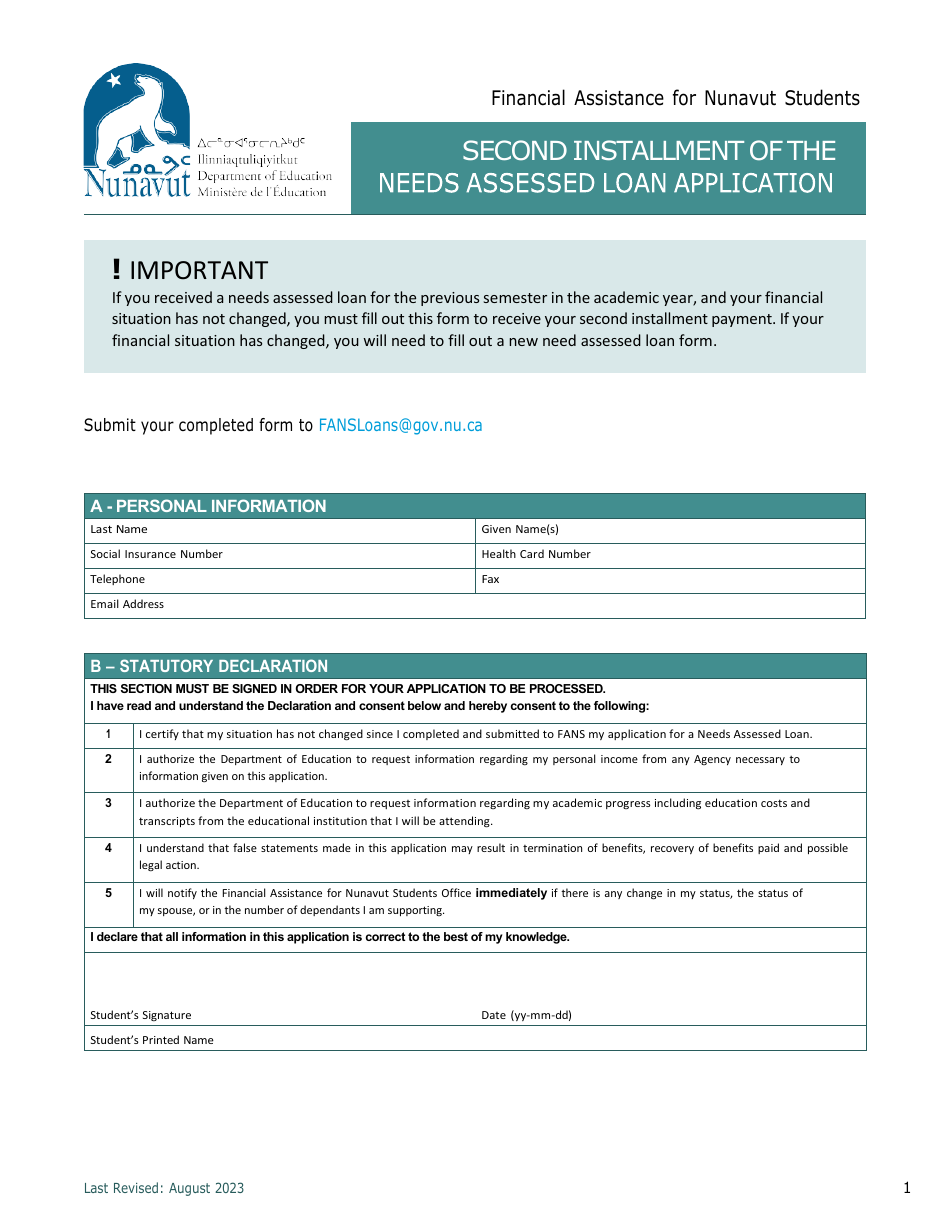Second Installment of the Needs Assessed Loan Application - Nunavut, Canada, Page 1