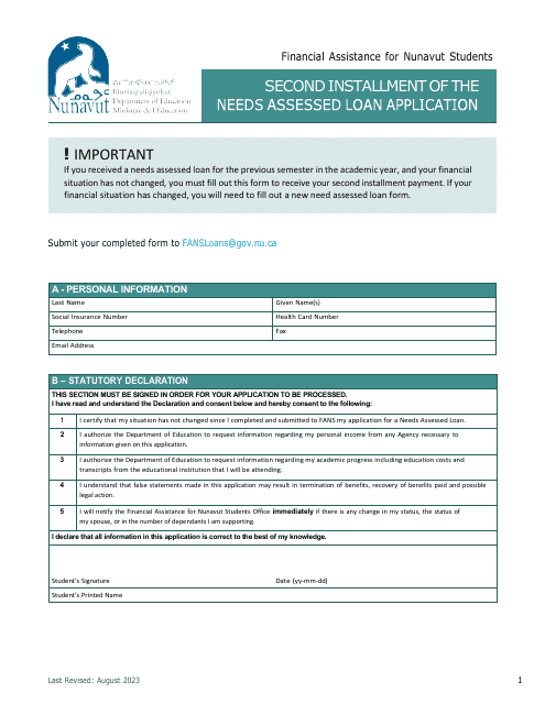 Second Installment of the Needs Assessed Loan Application - Nunavut, Canada Download Pdf