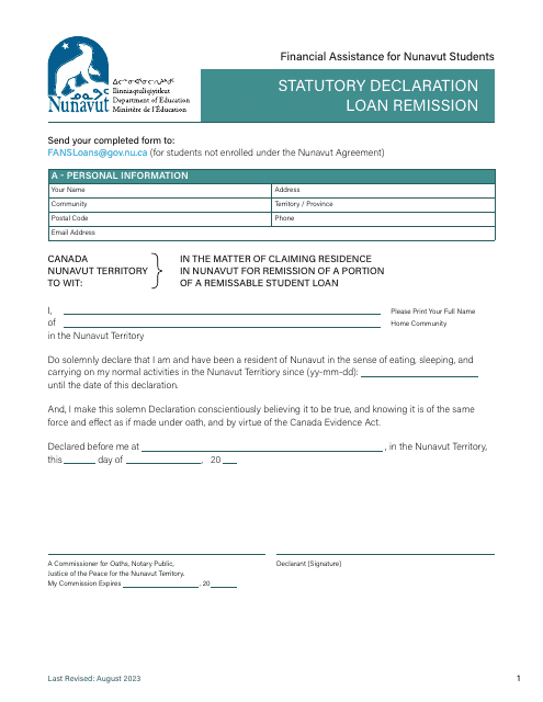 Statutory Declaration Loan Remission - Nunavut, Canada Download Pdf