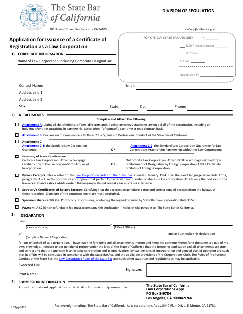 Application for Issuance of a Certificate of Registration as a Law Corporation - California