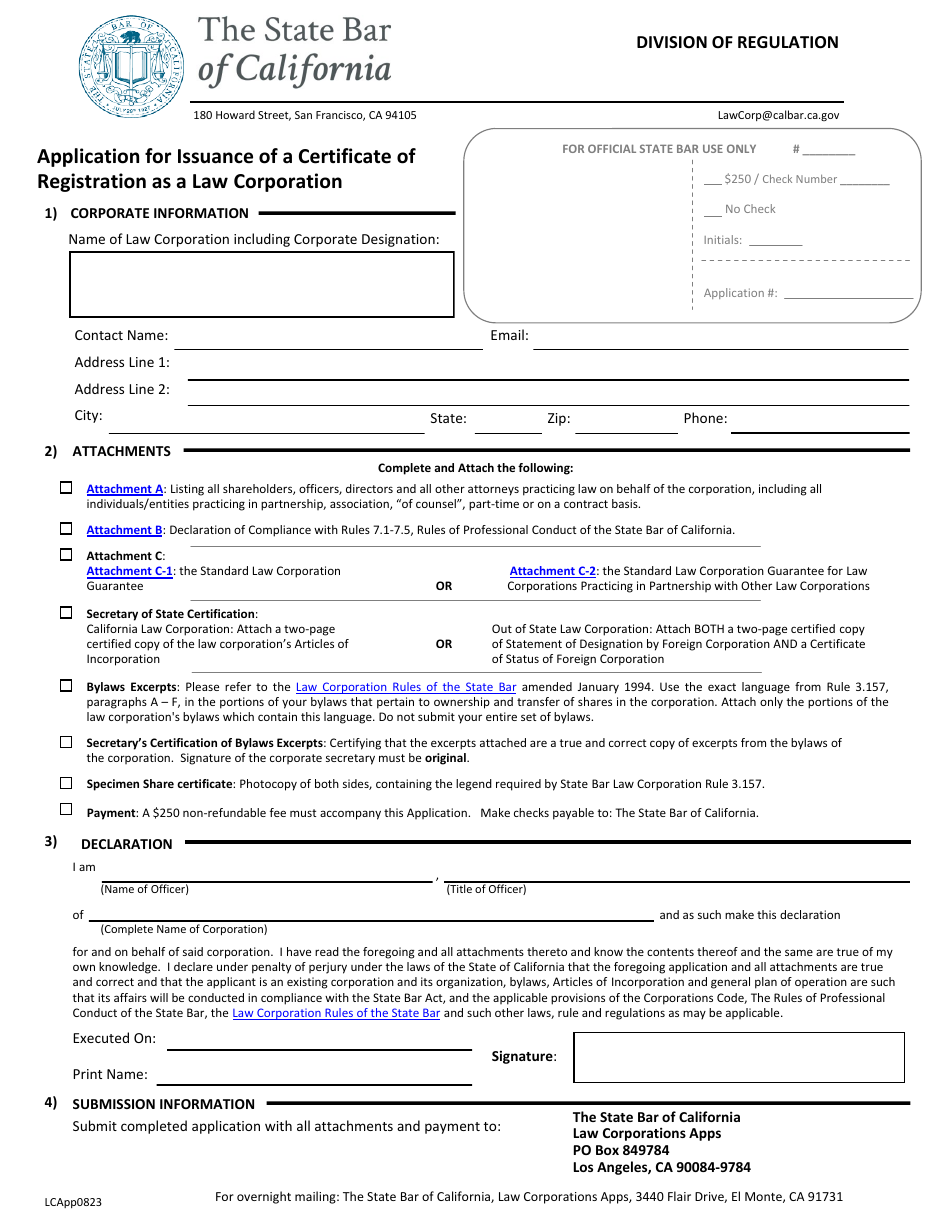 Application for Issuance of a Certificate of Registration as a Law Corporation - California, Page 1
