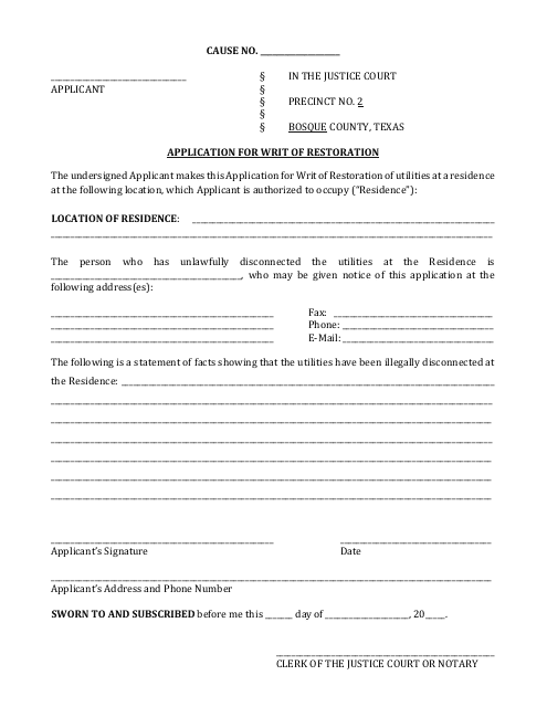 Application for Writ of Restoration - Bosque County, Texas Download Pdf