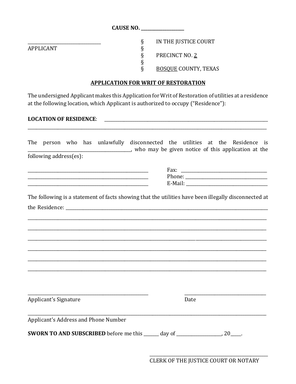 Application for Writ of Restoration - Bosque County, Texas, Page 1