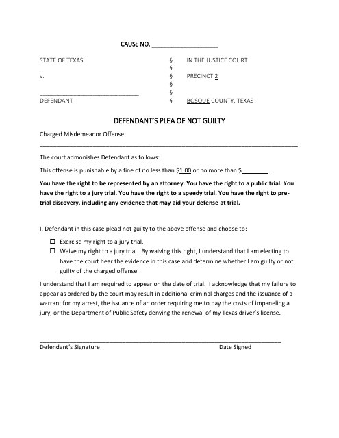 Defendant's Plea of Not Guilty - Bosque County, Texas Download Pdf