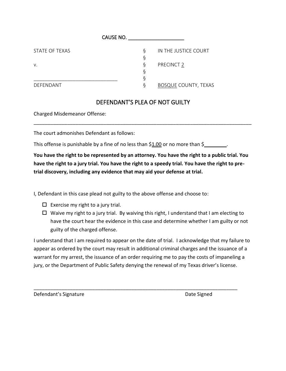 Defendants Plea of Not Guilty - Bosque County, Texas, Page 1