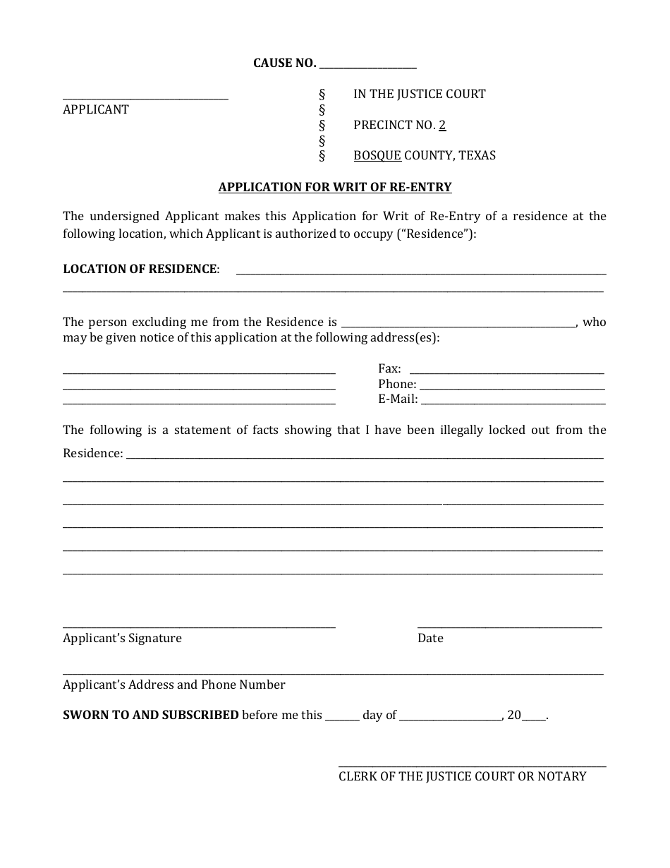 Application for Writ of Re-entry - Bosque County, Texas, Page 1