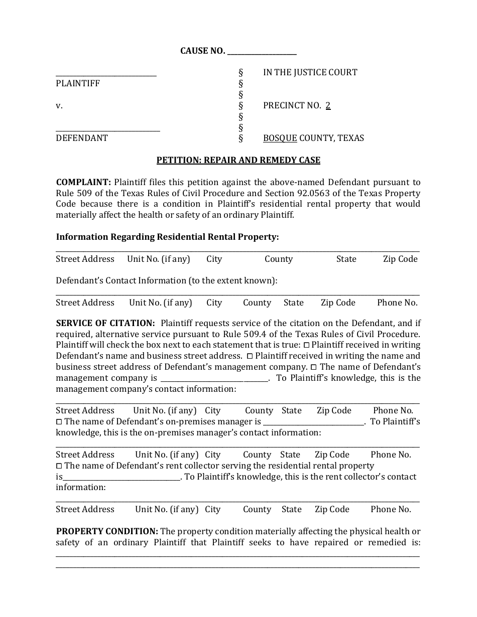 Petition: Repair and Remedy Case - Bosque County, Texas, Page 1