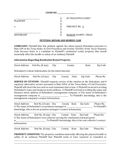 Petition: Repair and Remedy Case - Bosque County, Texas Download Pdf