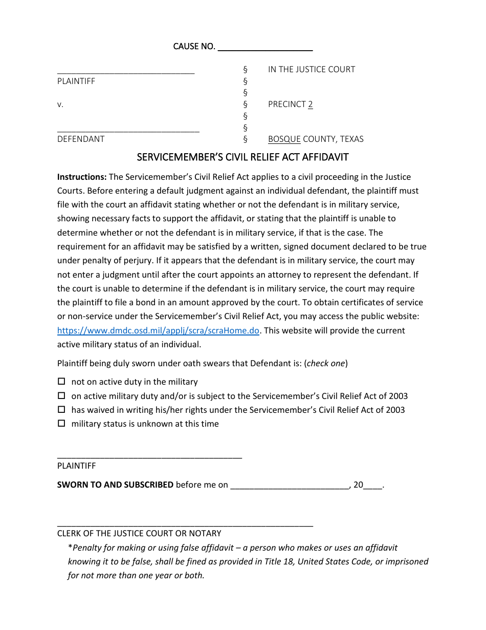 Servicemembers Civil Relief Act Affidavit - Bosque County, Texas, Page 1