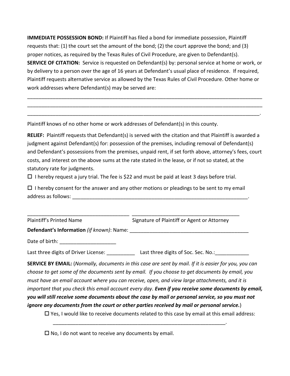 Petition: Eviction Case - Bosque County, Texas, Page 2