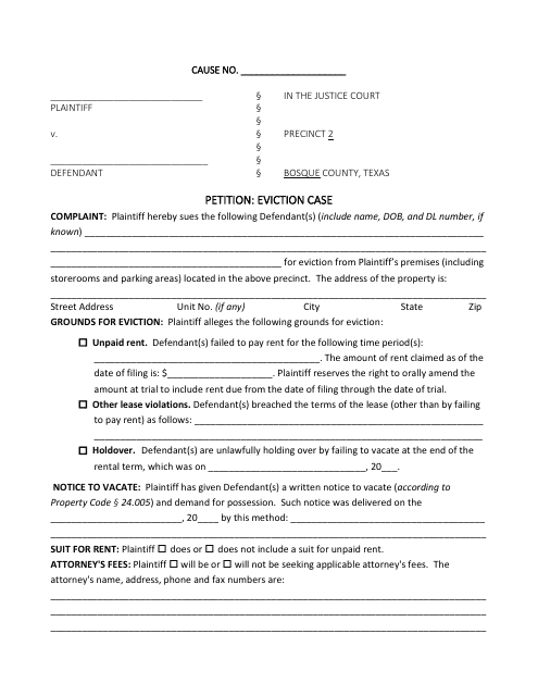 Petition: Eviction Case - Bosque County, Texas Download Pdf