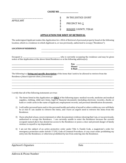Application for Writ of Retrieval - Bosque County, Texas Download Pdf