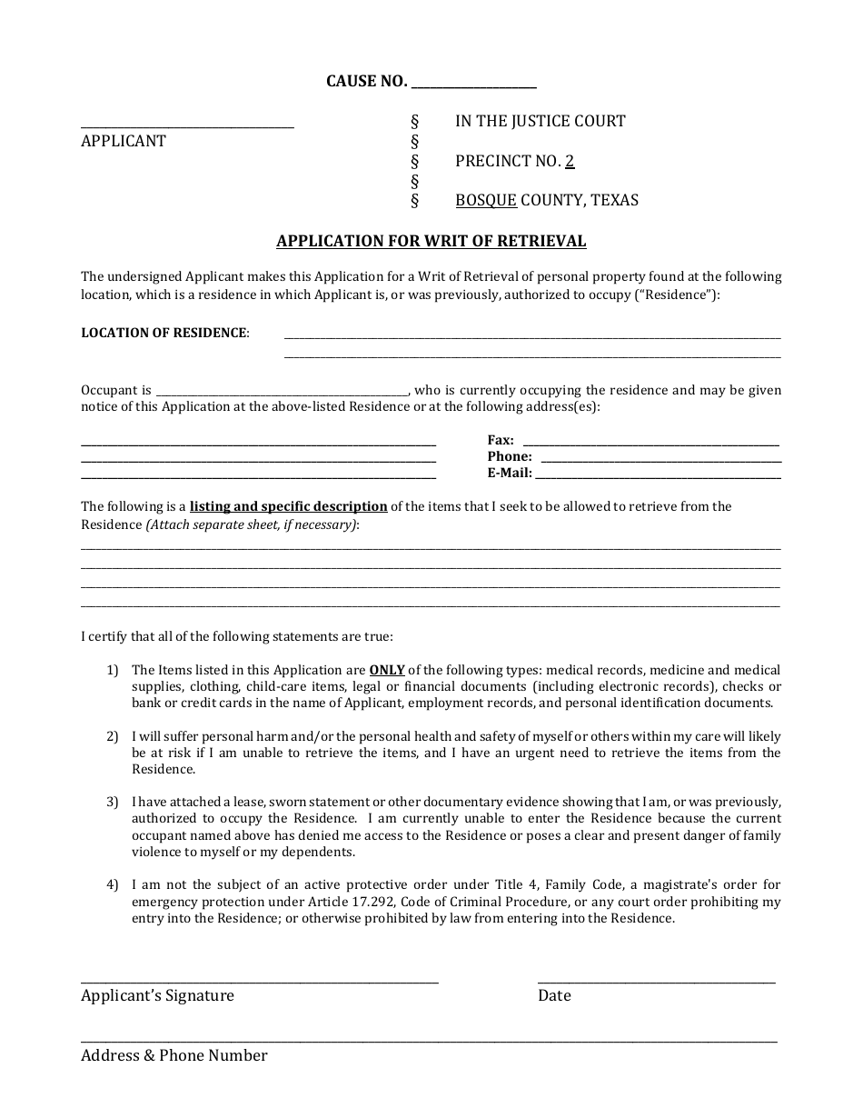 Application for Writ of Retrieval - Bosque County, Texas, Page 1