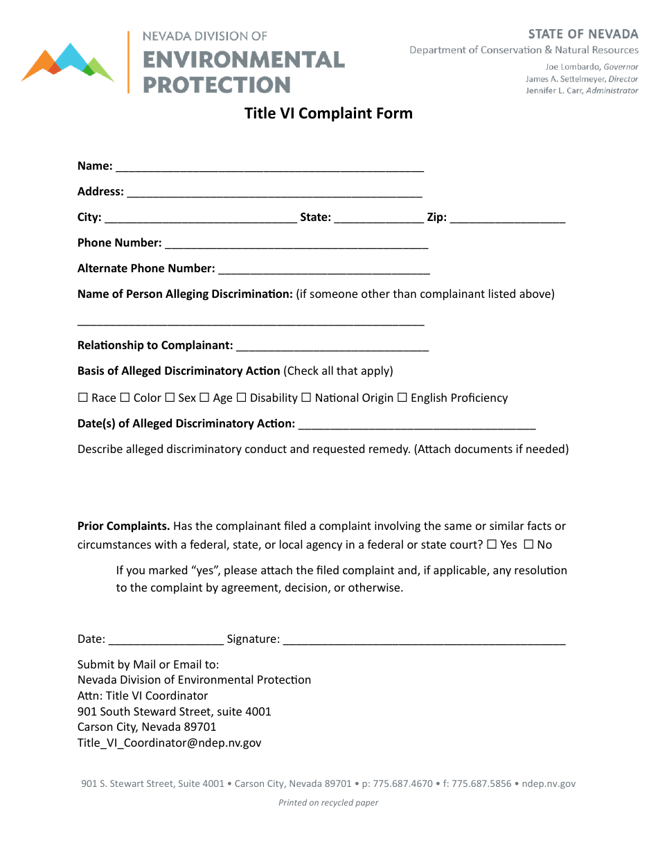 Title VI Complaint Form - Nevada, Page 1