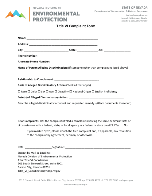 Title VI Complaint Form - Nevada Download Pdf